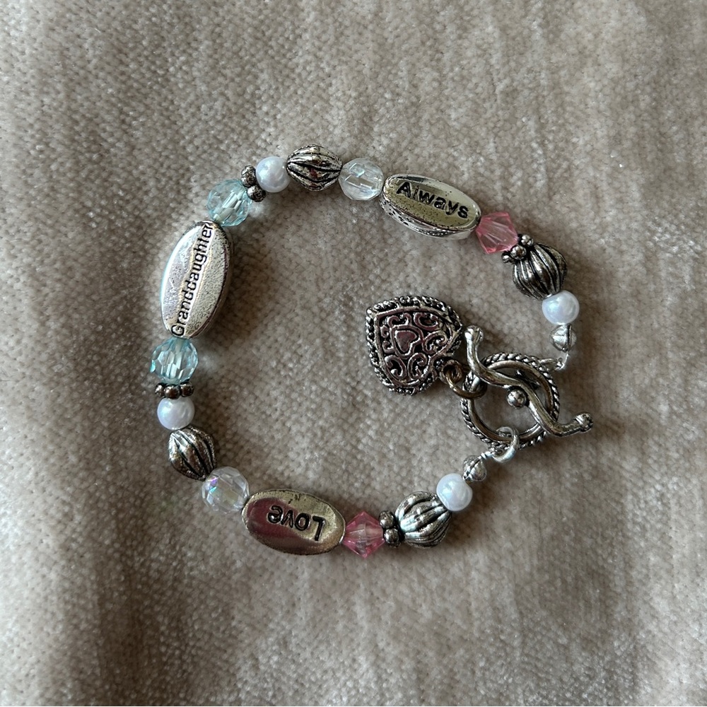 NEW Granddaughter Love Always Pink & Blue Beaded  silver bracelet 6"